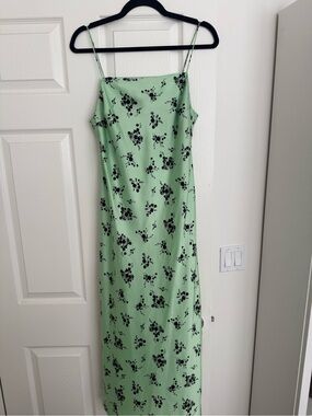 Mint green/black floral print spaghetti strap satin midi